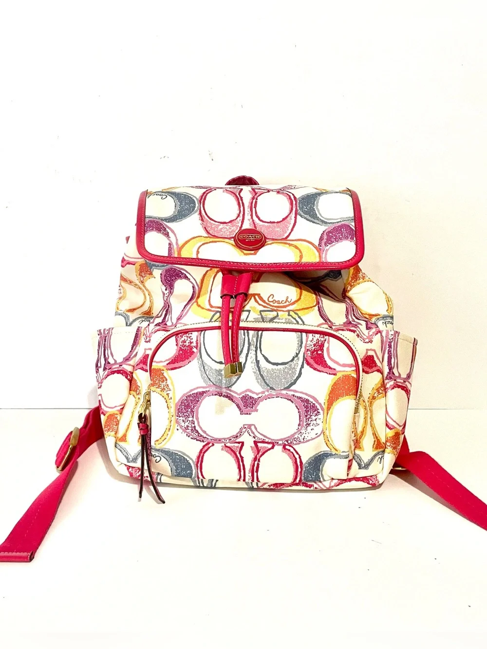 COACH F21962 Backpack Signature Canvas Multi Color Pink Enamel Clean